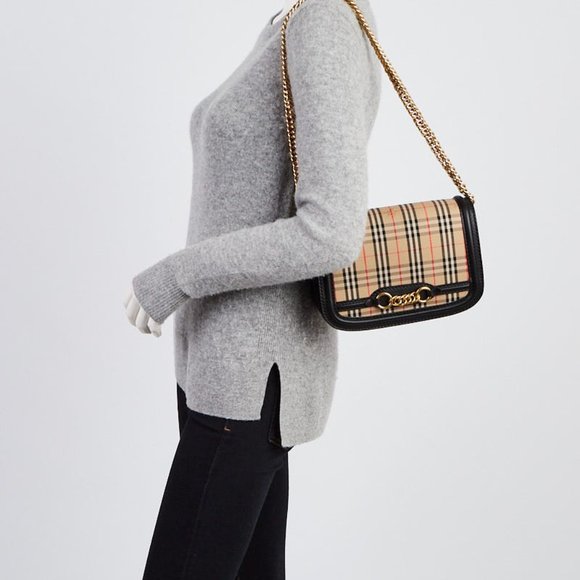 NWT BURBERRY RUNWAY LINK CHECK SHOULDER BAG WITH LEATHER TRIM - Picture 2 of 11